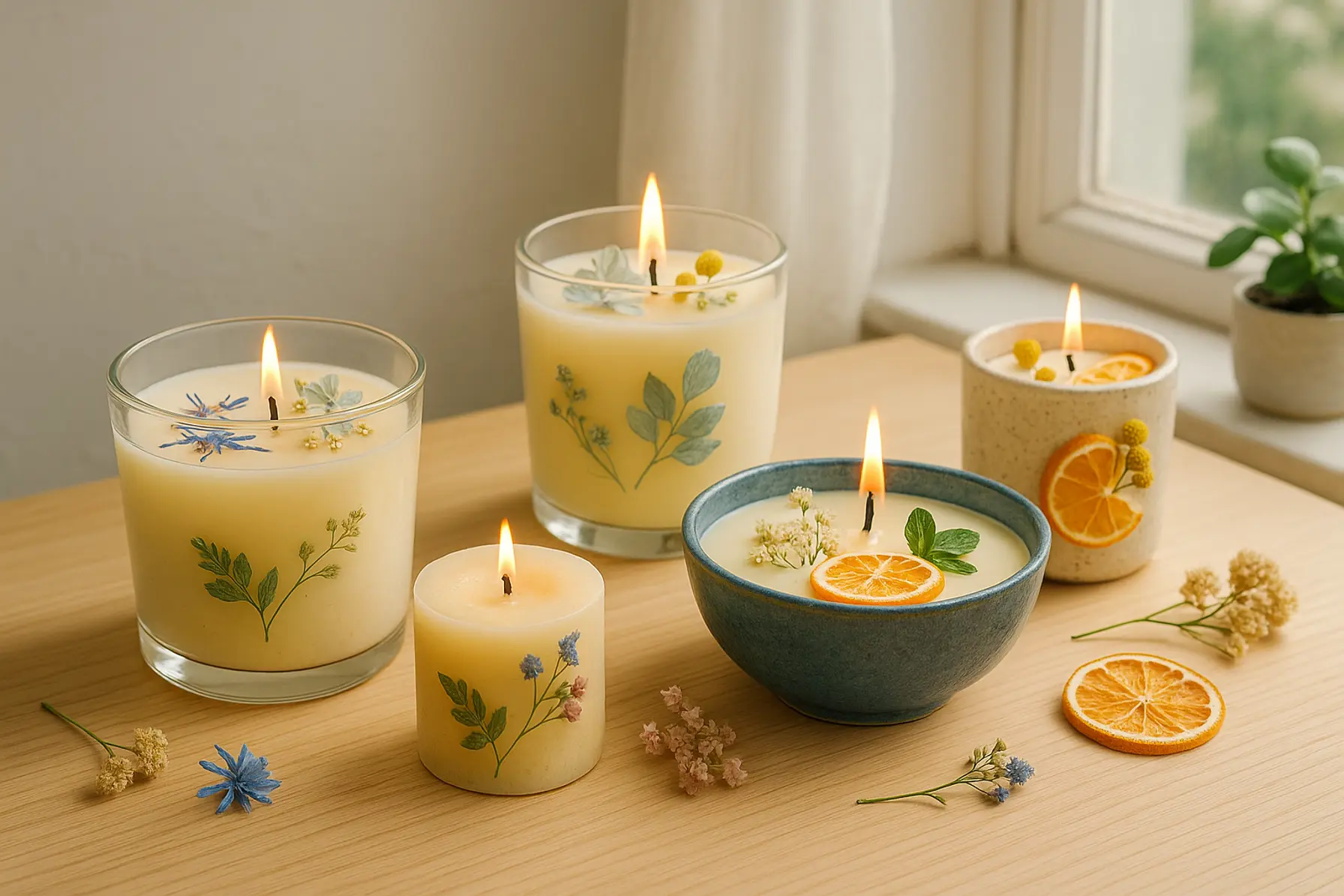 Forskellige hjemmelavede duftlys i glas og forme med tørrede blomster og naturlige materialer i et lyst skandinavisk miljø