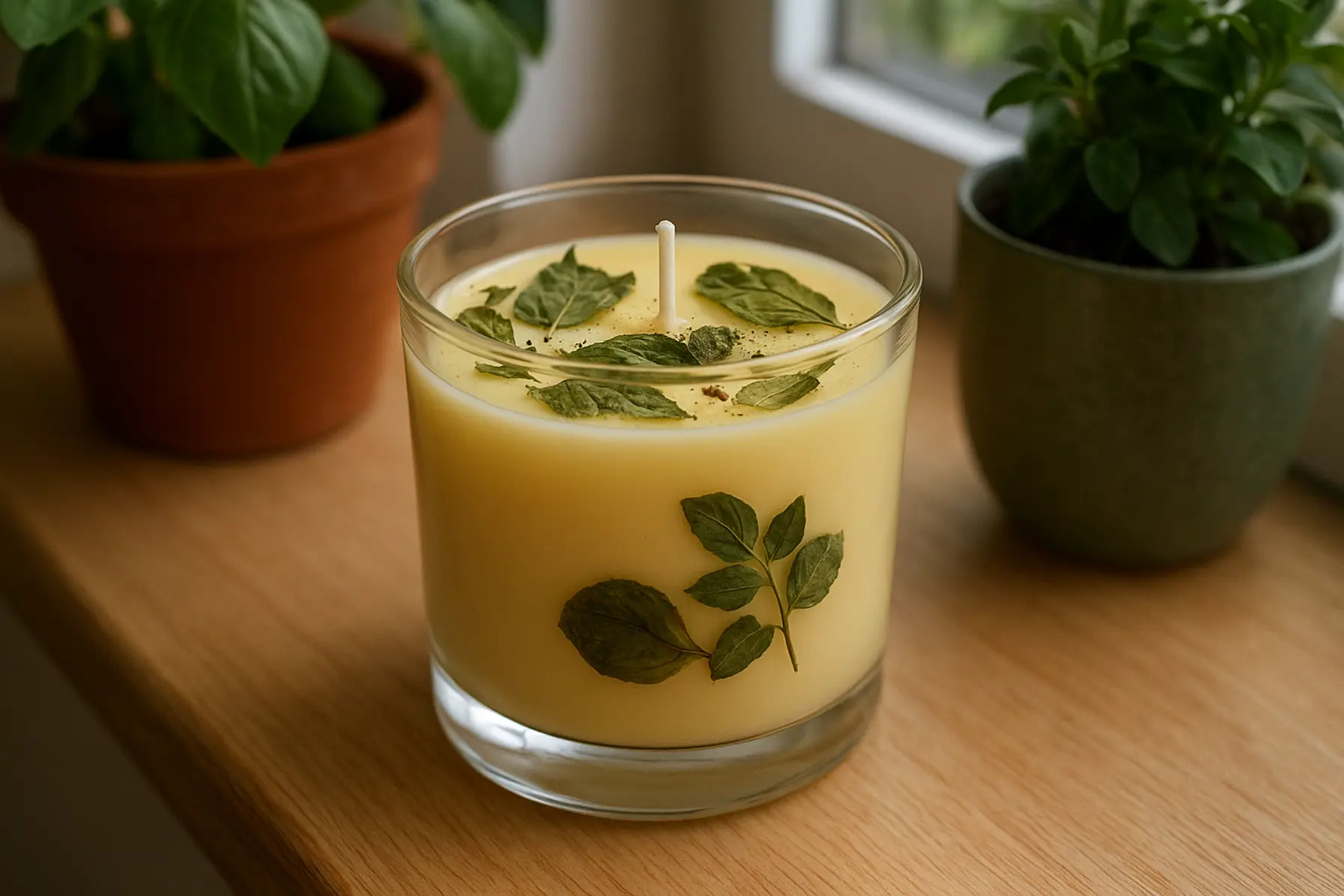 Bivokslys med tomatblad og basilikum