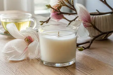 Hvid te og magnolia duftlys i glas