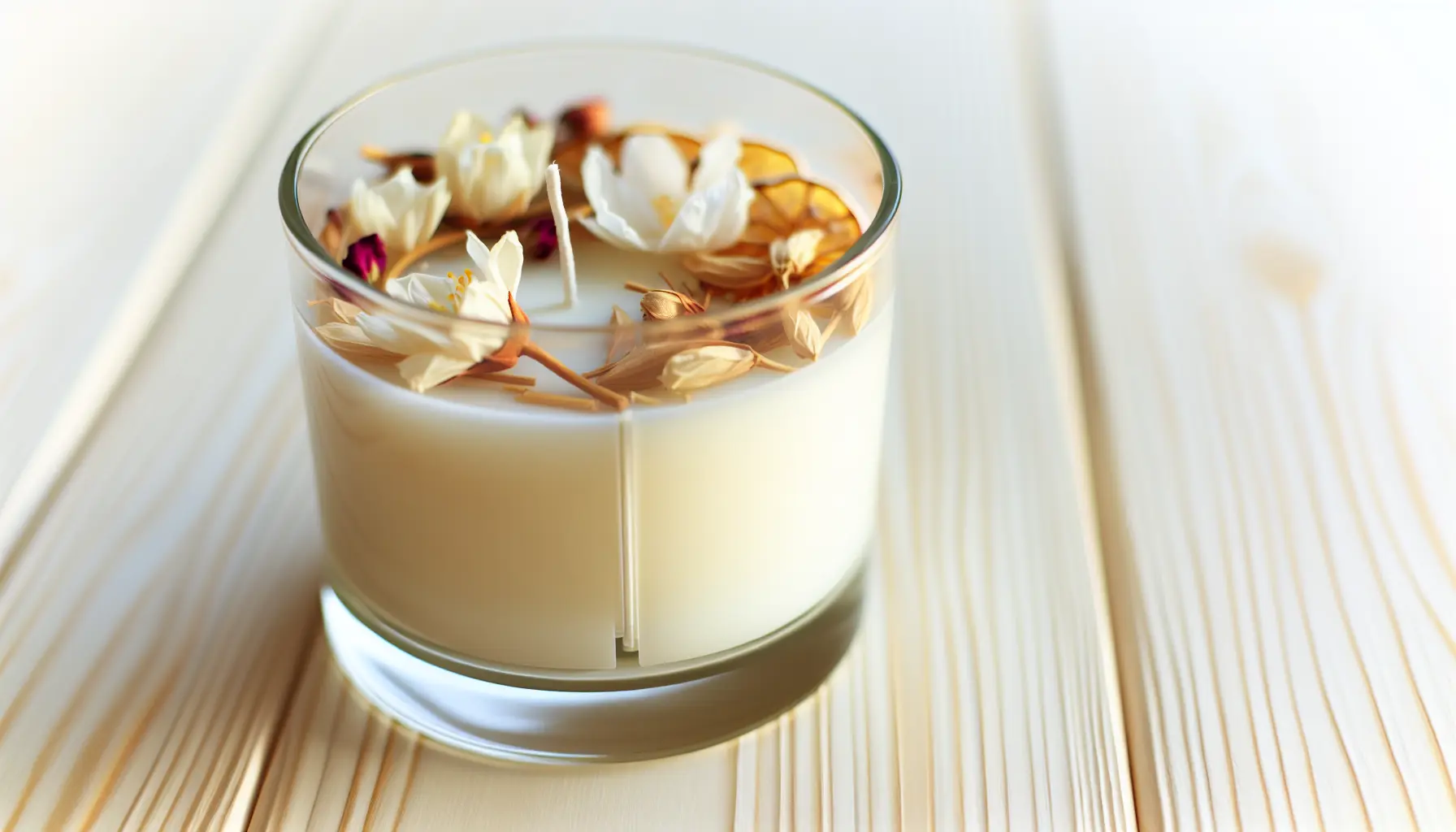 Jasminlys med tørrede blomster i glas